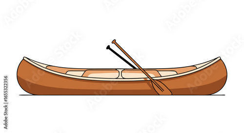 Stylized vector illustration of a wooden canoe with paddles against a seamless white background offering a clear focus and design simplicity