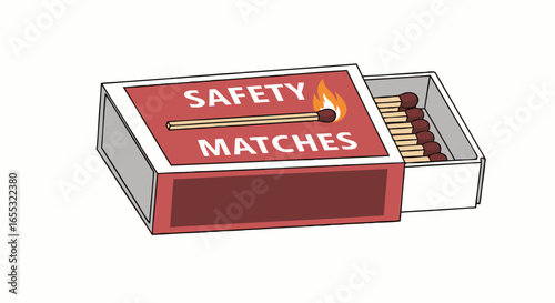 Illustrative safety matches box displaying a lit match, with several unlit matches inside the box lying ready for potential ignition