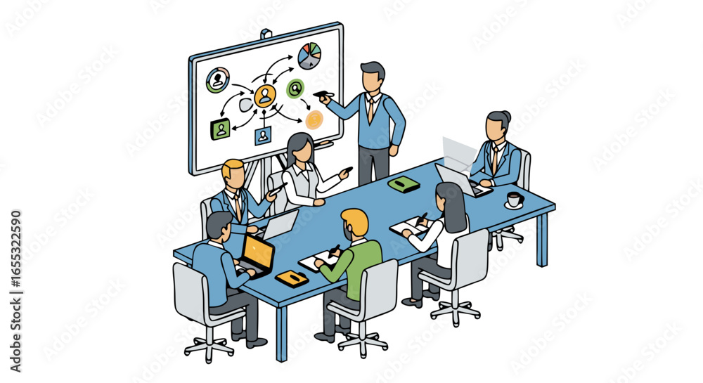Fototapeta premium Dynamic Business Meeting Illustration Displaying Strategic Planning and Collaborative Networking at the Table Conference
