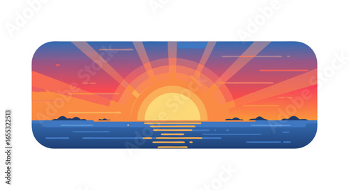 Vector illustration presenting a vibrant sunset scene, minimalist design with gradient sky, gentle sunrays, and calm waters, evoking tranquility and