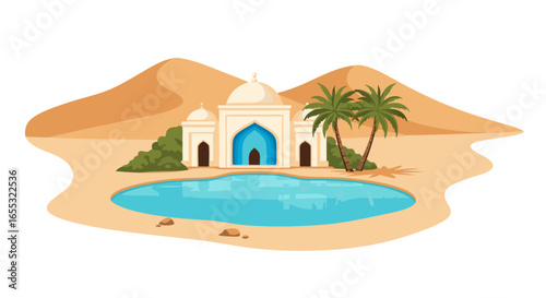 Illustration of a tranquil oasis scene with a building, palm trees and refreshing pond amidst vast desert dunes, symbolizing serenity