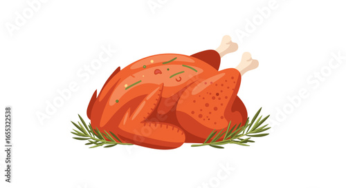 Festive thanksgiving delicacy: a delectable roasted turkey with aromatic herb garnish and crisp skin, cartoon style illustration