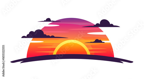 Vibrant Sunset Illustration with Gradient Sky and Stylized Clouds in Flat Design Scenery Serenity Horizon