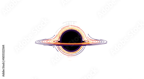 Stylized singularity: Black hole's swirling energy vortex against white backdrop displaying gravity's intense pull illustration