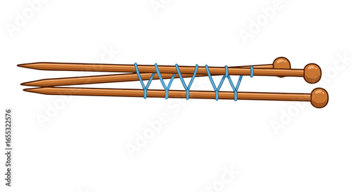 Wooden knitting needles secured with blue yarn showcasing a classic craft element, ideal for textile or hobby themed illustrations, a vintage