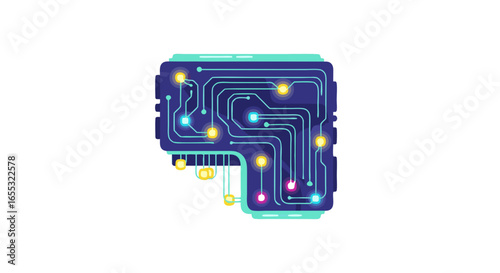 Stylized Depiction of a Microchip Motherboard with Colorful Circuits and Glowing Indicators Displaying Technological Innovation