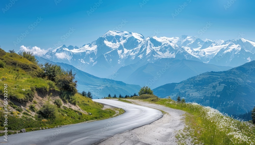 Fototapeta premium Winding mountain road, scenic alpine view, summer day, travel background