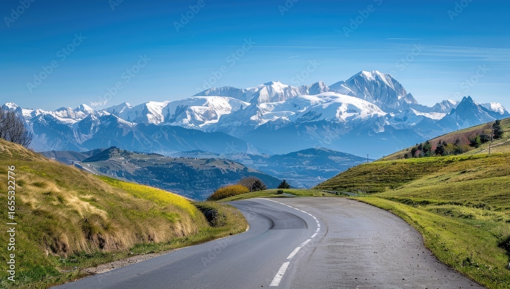 Naklejka premium Scenic mountain road trip, alpine panorama, autumnal hills, clear sky, travel poster