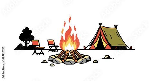 Illustrated Camping Scene with Bonfire, Tent, and Relaxing Seating Amidst Nature's Embrace and Serenity
