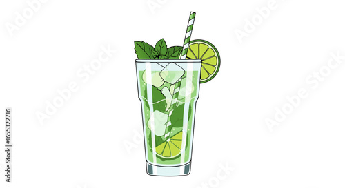 Refreshing Mojito Illustration: A Vibrant Blend of Lime, Mint, and Ice in a Glass with Striped Straw