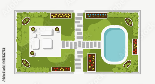 Detailed landscaping concept featuring a garden and pool, showcasing a well-designed outdoor living space for recreation and relaxation