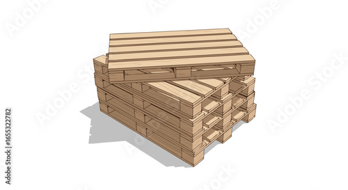 Dimensional Perspective of Wooden Pallets Stacked, Indicating Shipping Solutions and Storage, Presenting Infrastructure for Inventory Organization