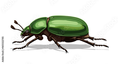Illustration of a green beetle with detailed anatomy highlighting its exoskeleton and legs, set against a clean white backdrop showcasing its form