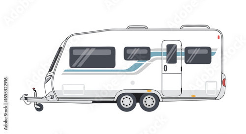 Side view of a cartoon recreational vehicle ready for a road trip adventure and travel escape designed in vector graphic style