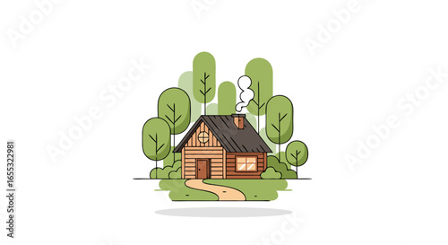 Cozy cabin nestled amidst lush trees, evoking tranquility and simple living with smoke rising from its chimney, creating an inviting homestead scene