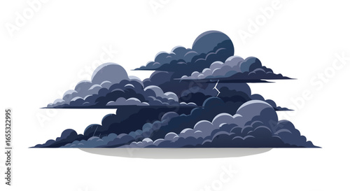 A stylized illustration depicting dark, layered storm clouds with a streak of lightning showcasing dramatic weather conditions, conveying a sense of