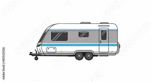 Stylized illustration of a recreational vehicle with clean lines and bright design features, emphasizing leisure and outdoor life