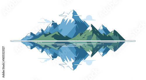 Serene mountain peaks reflected in calm waters offer a geometric, minimalist landscape portraying nature's mirroring beauty and the concept of duality