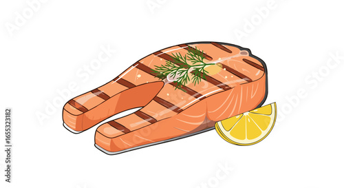 Grilled Salmon Steak Slice with Lemon and Dill: A Culinary Artistic Illustration for Food Concepts