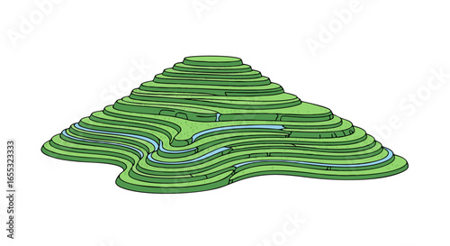 Whimsical depiction of lush rice terraces, showcasing agricultural artistry in a layered verdant landscape, with water features flowing through