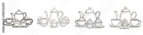 Delightful tea time spread featuring charming teapots, cups, and frosted cupcakes perfect for invitations or culinary themes