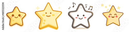 Adorable kawaii stars with happy faces, music notes, and sparkles create a joyful, whimsical collection perfect for kids' projects and charming designs.