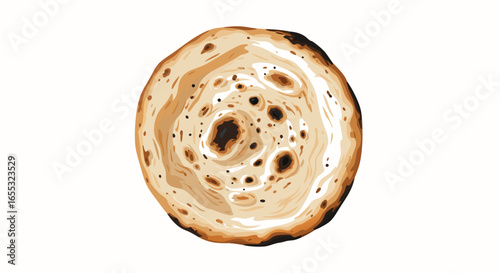 Artistic Rendering of Freshly Baked Flatbread with Textural Details and Golden-Brown Edges on a Clean White Backdrop