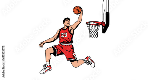 Dynamic action shot of a basketball player poised to dunk the ball with determination and athletic power ready to scoring the point