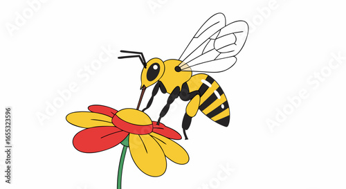 Cartoon bee gathering nectar from a vibrant flower, depicting pollination and nature's beauty illustration with a clear and playful design style