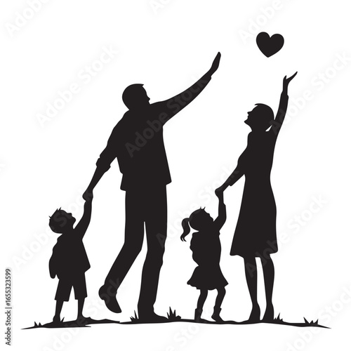 Silhouette of a family with two children reaching for a heart isolated on white background