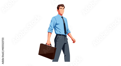 Isolated vector illustration of a determined businessman walking confidently with a briefcase against a pristine white background demonstrating