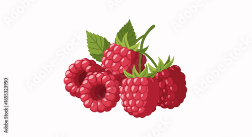Artistic illustration showcases vibrant red raspberries, complemented with fresh green foliage on a clean background providing an eye-catching