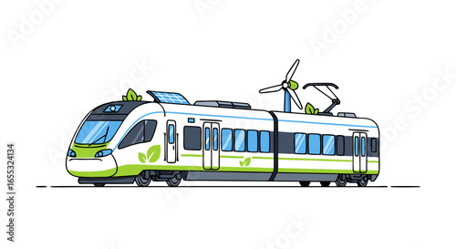 Eco-Friendly High-Speed Train Illustration Showcasing Renewable Energy Sources and Sustainable Transportation Design