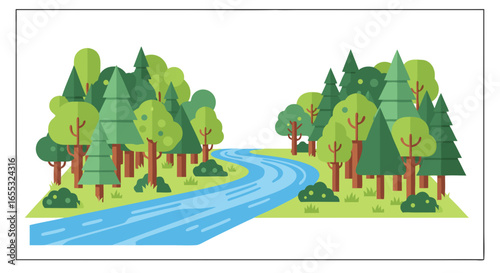 Serene river flowing through a cartoon forest landscape with diverse trees offering a peaceful natural scene