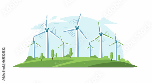 Illustration of a sustainable landscape with wind turbines harnessing clean energy for a greener future