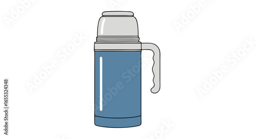 Isolated blue metal thermos with a convenient handle against a pristine white background, capturing a minimalist and clean aesthetic 97 characters