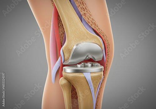 Human knee joint with metal implant illustration