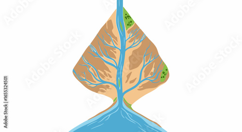 Illustration depicting a river delta formation with branching waterways and green foliage, forming an abstract topographical shape on a white