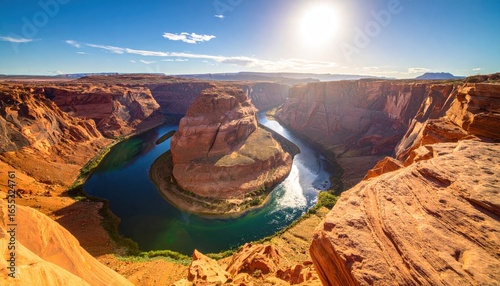 Horseshoe Bend with Arizona scenic landscape, and Colorado River canyon view.