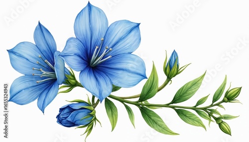 Watercolor painting features delicate blue gentian flowers with green leaves, buds. Floral illustration captures beauty of wildflowers with soft brush strokes, vibrant blue hues. Perfect for