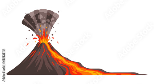 Dramatic volcano eruption with flowing lava and dark smoke, illustrating geological power, natural disasters, environmental impact, and vector