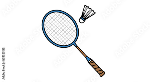 Stylized badminton equipment illustration featuring a racket and a shuttlecock on a clean white backdrop indicating recreational playfulness