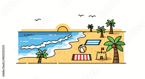 Seaside paradise, calm waves, sun-kissed sand, palms swaying, beach treasures, peaceful vista, summer getaways, cartoon style illustration, vector