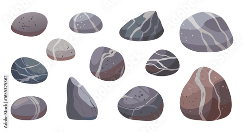 Cartoon pebbles collection presenting variety of rock formations, shades and stone designs for natural art projects and geological illustrations
