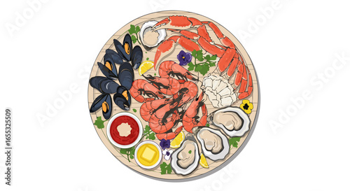 Luxurious seafood platter illustration featuring crab, oysters, mussels, and shrimp presentation with lemon garnish and gourmet sauces