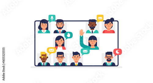 Illustration depicting a diverse group of people participating in a virtual meeting on a tablet device showcasing modern communication techniques