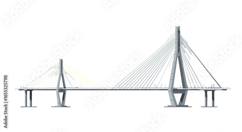 Architectural marvel, A low angle view of a cable-stayed bridge against a pristine white background, demonstrating structural brilliance and modern