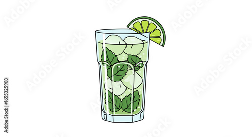 Refreshing mojito illustration with lime garnish and mint leaves against a white backdrop stands alone displaying simplicity and elegance