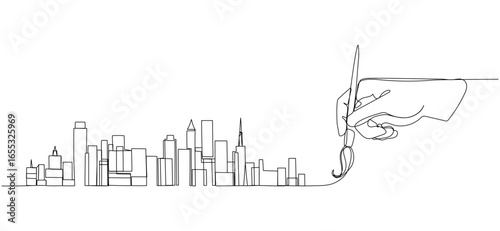 Minimalist one line illustration of a human hand drawing a city skyline. Continuous line art concept of creativity, architecture, imagination, and urban design. 