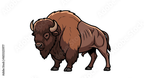 Cartoon depiction of a mighty brown bison, rendered with thick outlines and bold features, standing powerfully against a stark white background